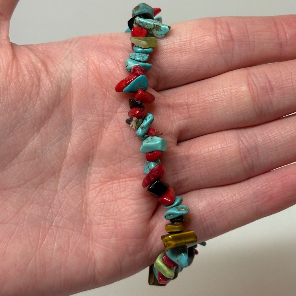 Multicolor Gemstone Chip Stretch Bracelet Turquoise Tigers Eye Red Black